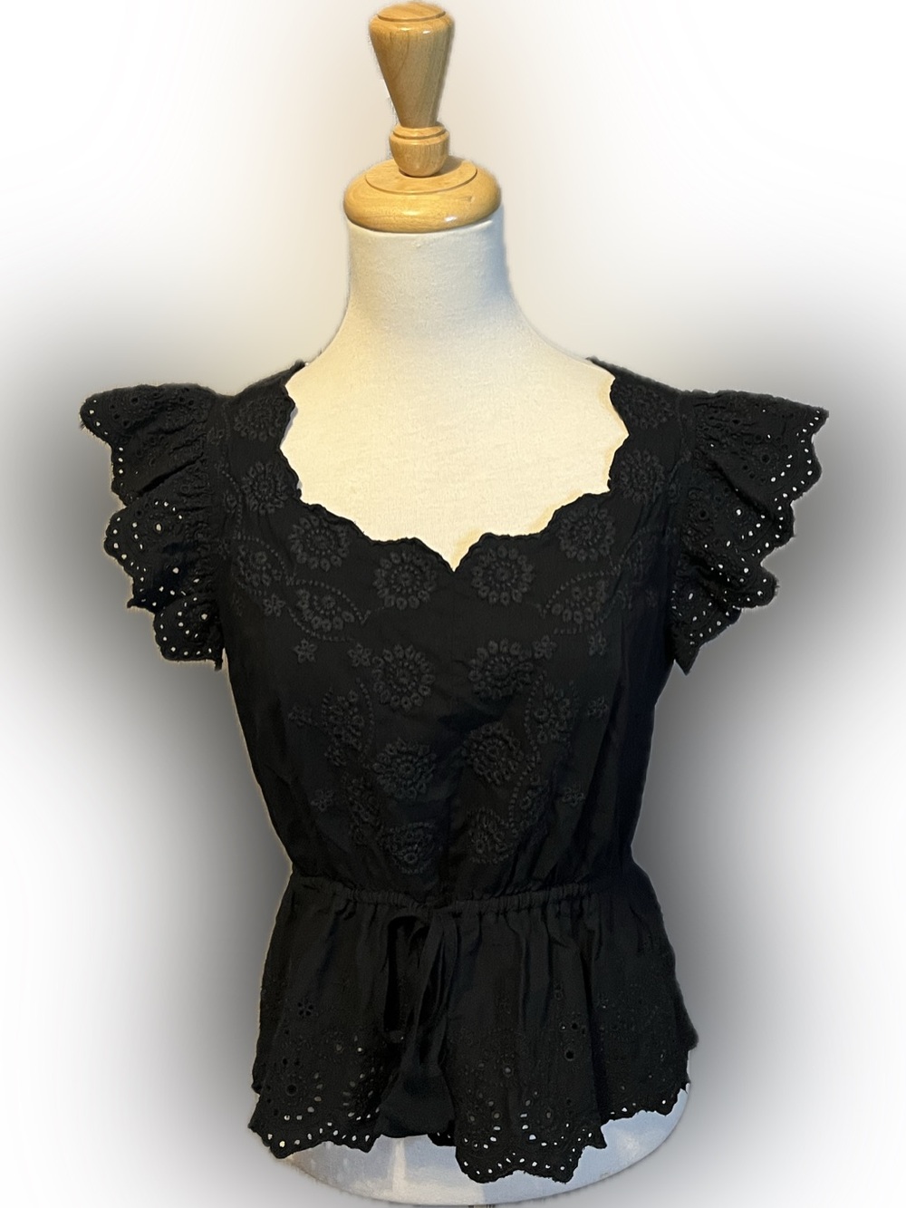 Democracy Black Eyelet Peplum Flutter Sleeve Top size M